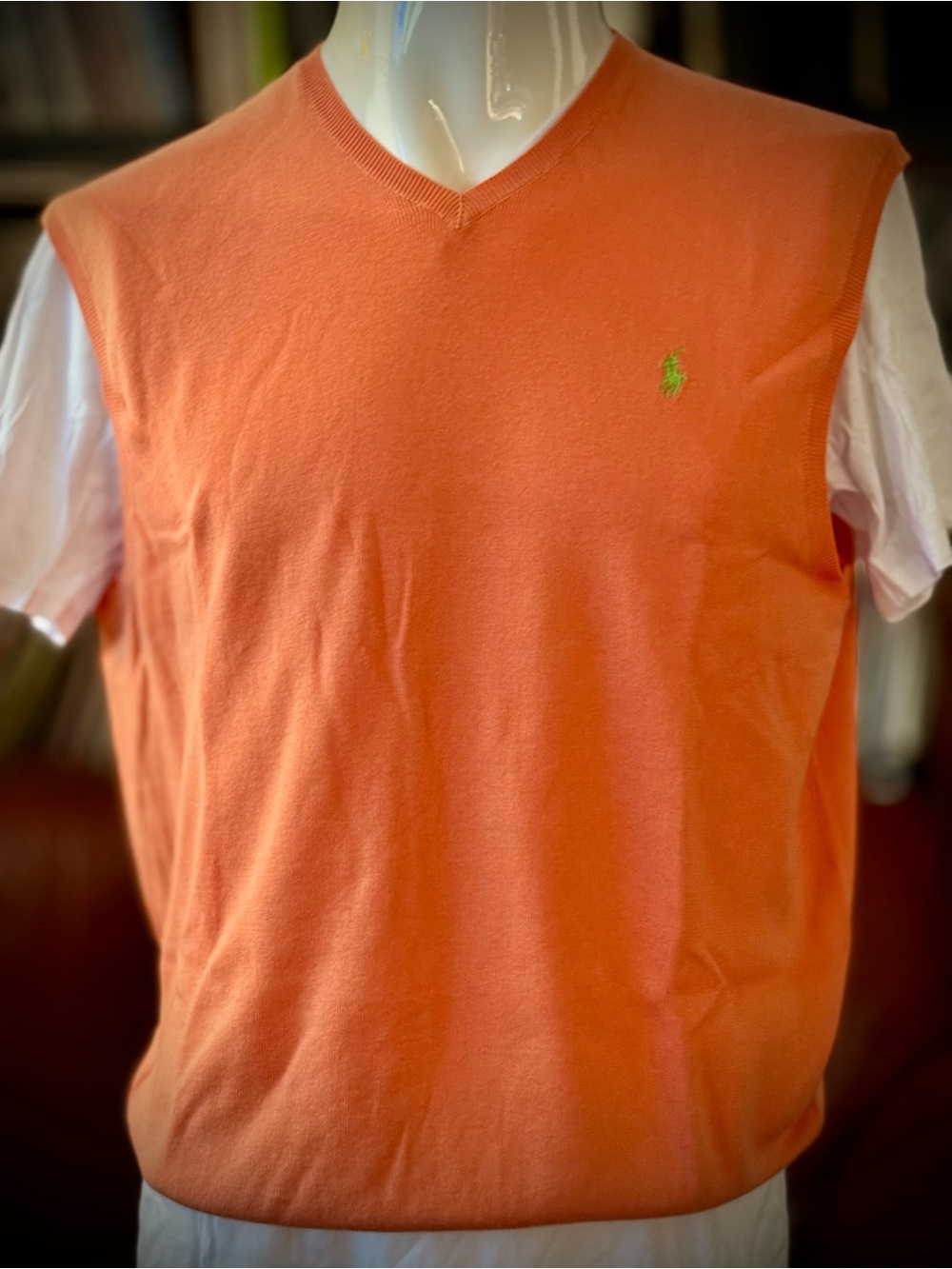 Polo by Ralph Lauren Orange V-Neck Cotton Sweater Vest with Green Pony